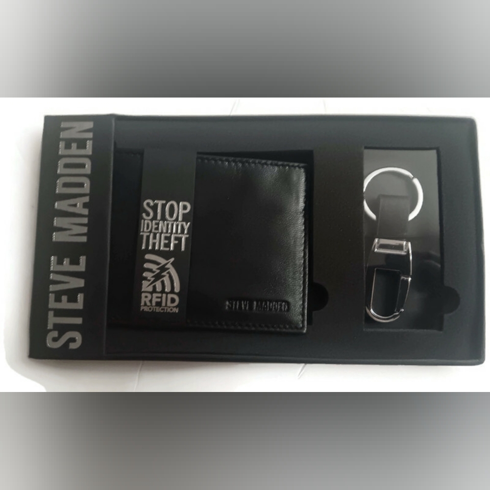 STEVE MADDEN RFID LEATHER BILLFOLD WALLET, BLACK